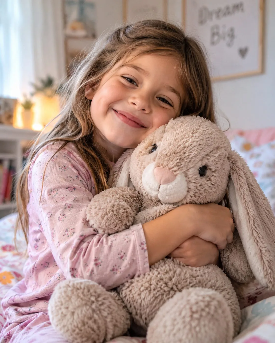 Child holding a plush rabbit